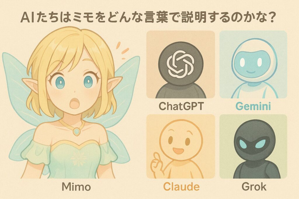 AI妖精ミモと、ミモのプロンプトを考えるAIモデルたちのイメージイラスト