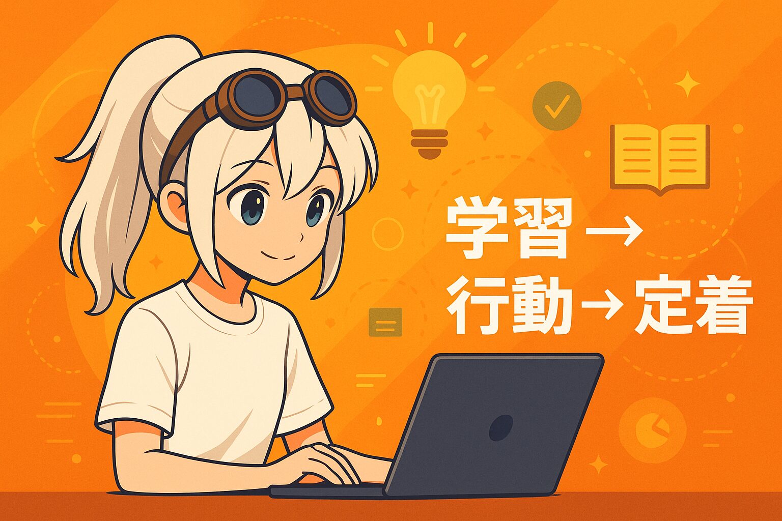 ノートパソコンで学習する白髪ポニーテールの少女。背景に電球・本・チェックマークなどの学習アイコンと、白文字で『学習→行動→定着』のテキスト。
